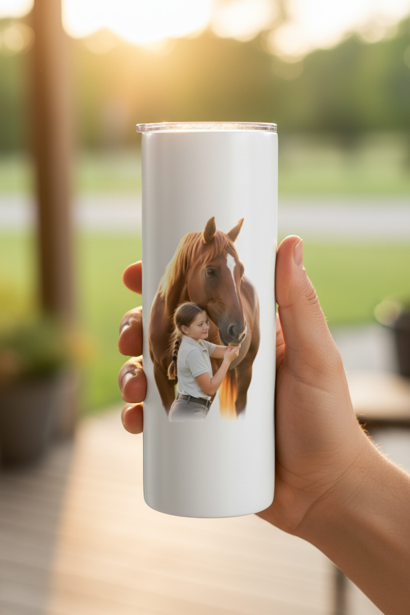 Personalisierte Flasche mit Pferd-Motiv in der Hand