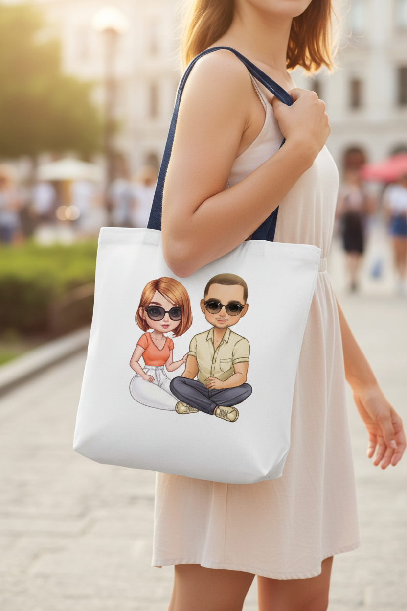 Personalisierte Stofftasche mit Pärchen-Motiv getragen