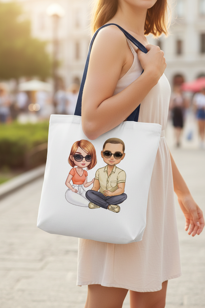 Personalisierte Stofftasche mit Pärchen-Motiv getragen