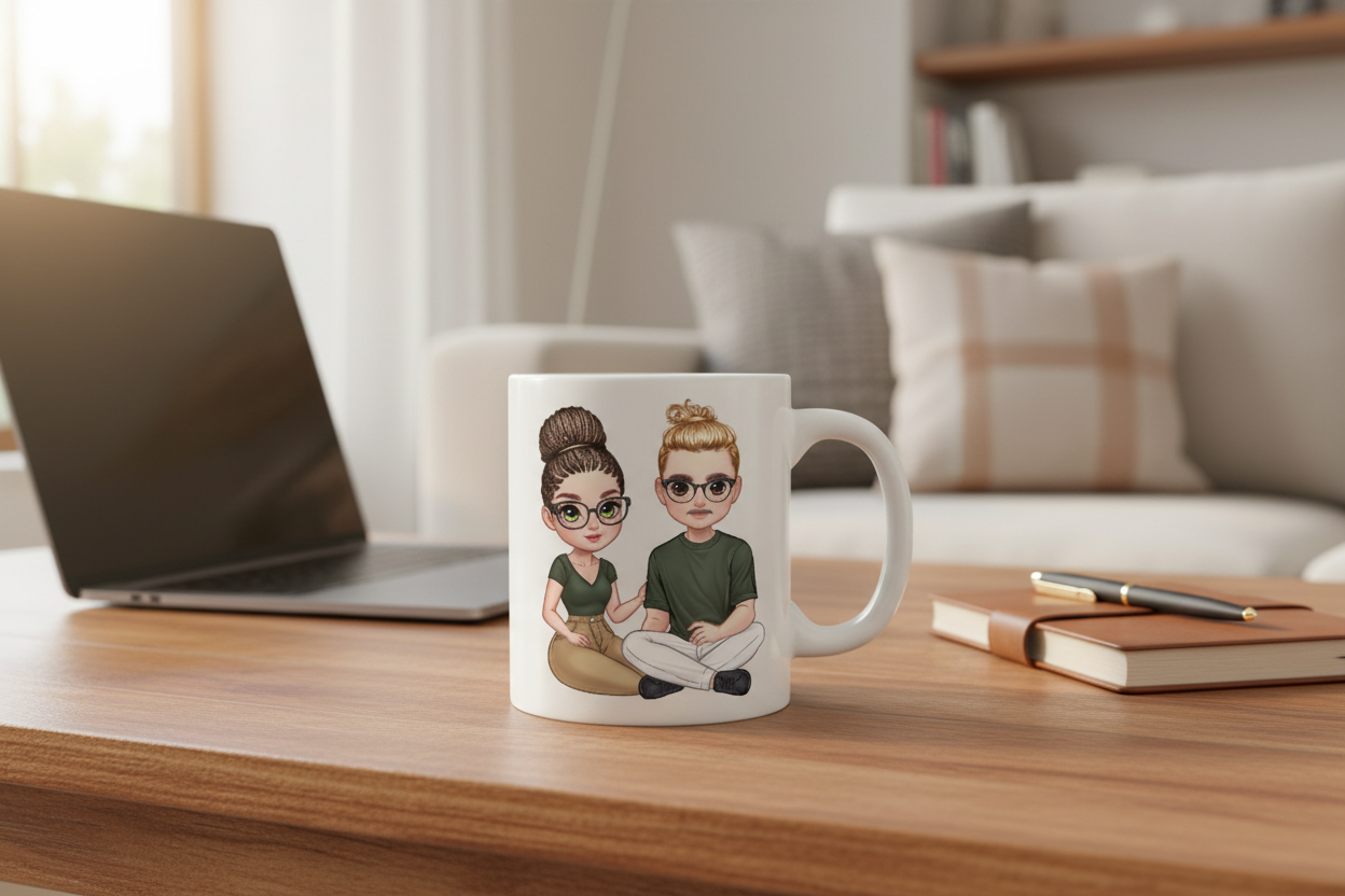 Personalisierte Tasse mit Pärchen-Motiv auf dem Tisch