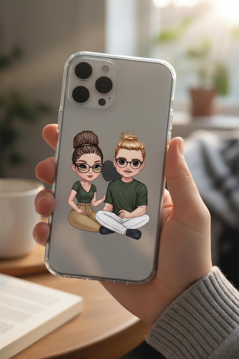 Personalisierte transparente Handyhülle mit Pärchen-Motiv in der Hand