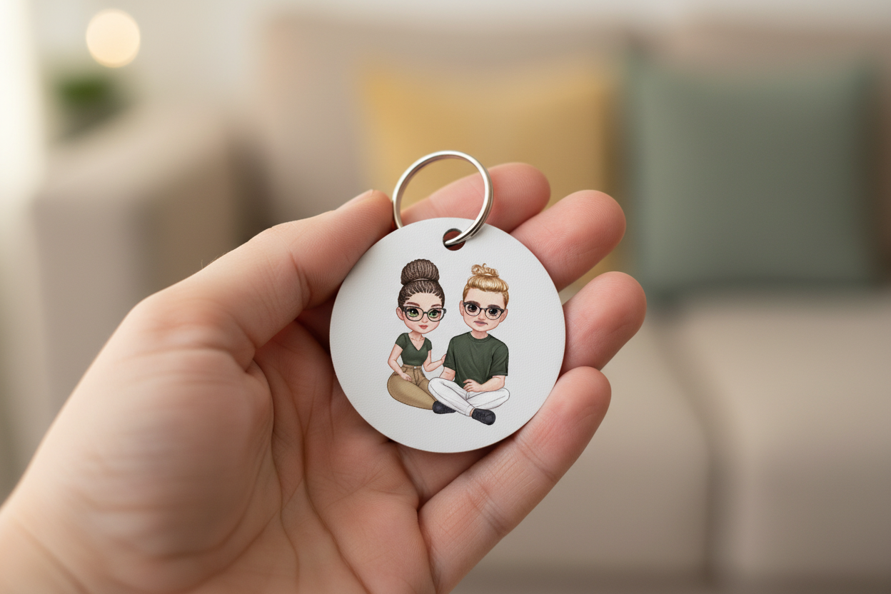 Personalisierter Schlüsselanhänger mit Pärchen-Motiv in der Hand