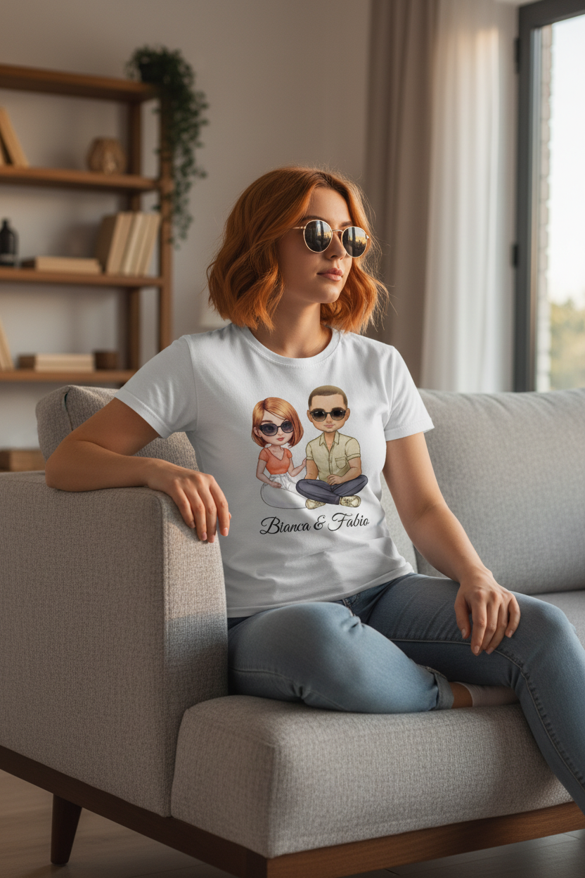 Personalisiertes T-Shirt Bianca & Fabio - Person auf Sofa