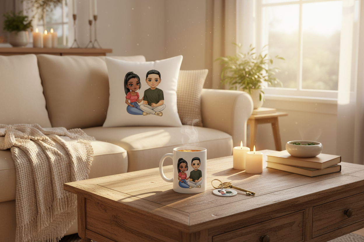 Sehr gemütliches Wohnzimmer mit personalisierten Produkten