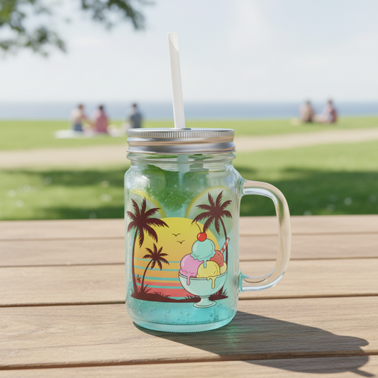 Personalisiertes Vintage Trinkglas mit Strohhalm und individuellem Design