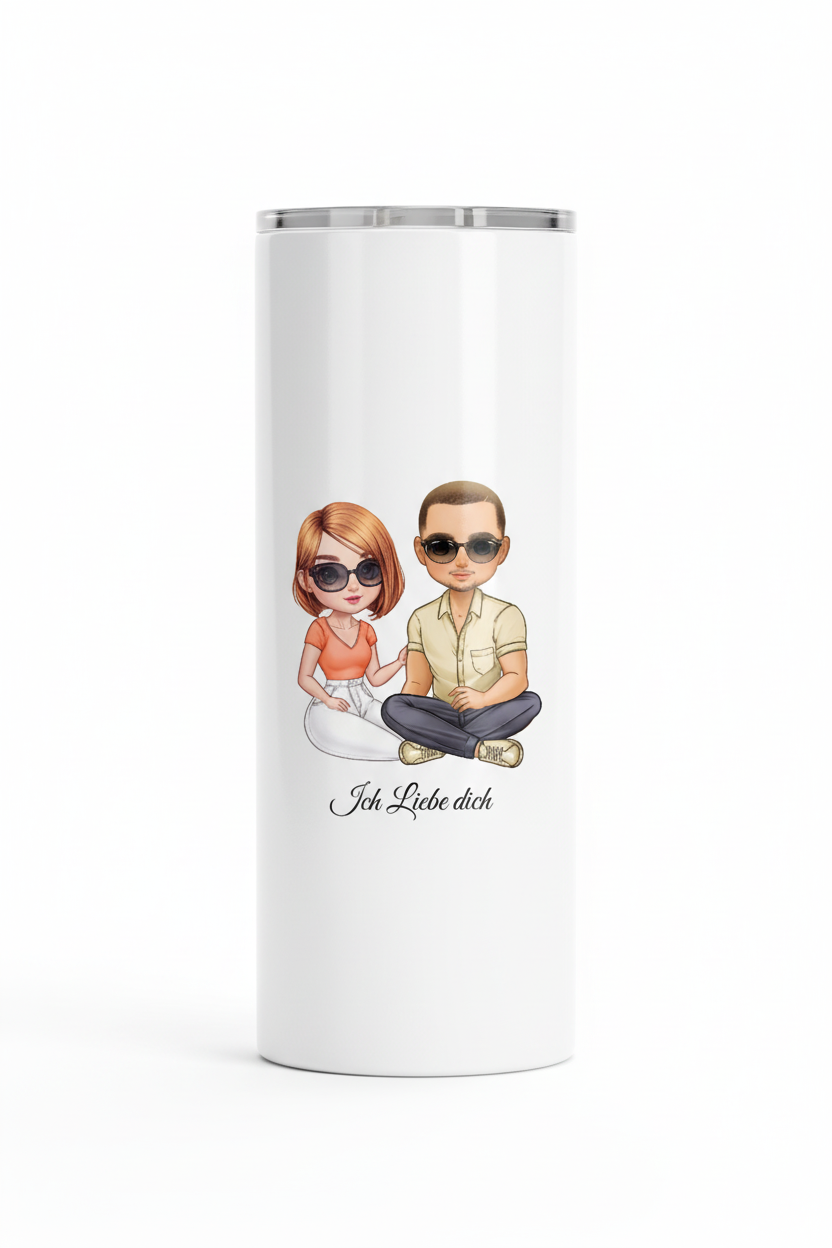 Weiße Flasche mit Paar und Ich Liebe dich