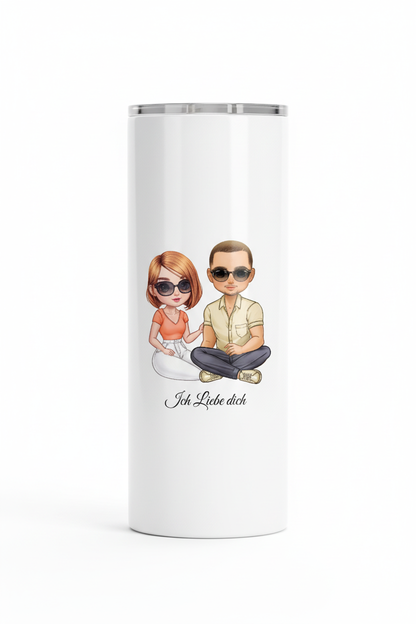 Weiße Flasche mit Paar und Ich Liebe dich